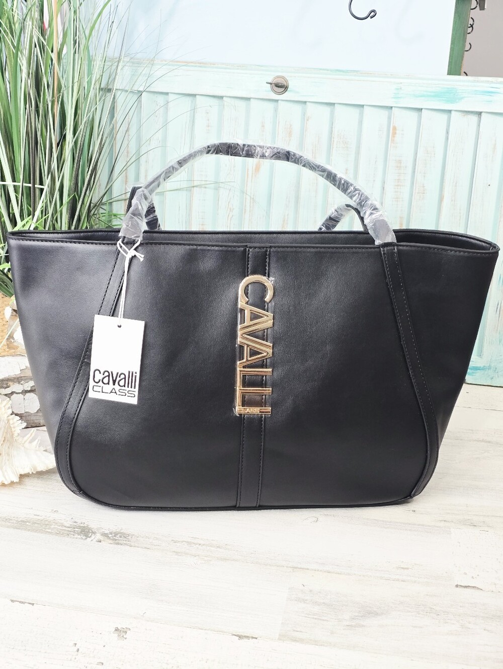 Cavalli Class Black Tote with Gold Logo Detail